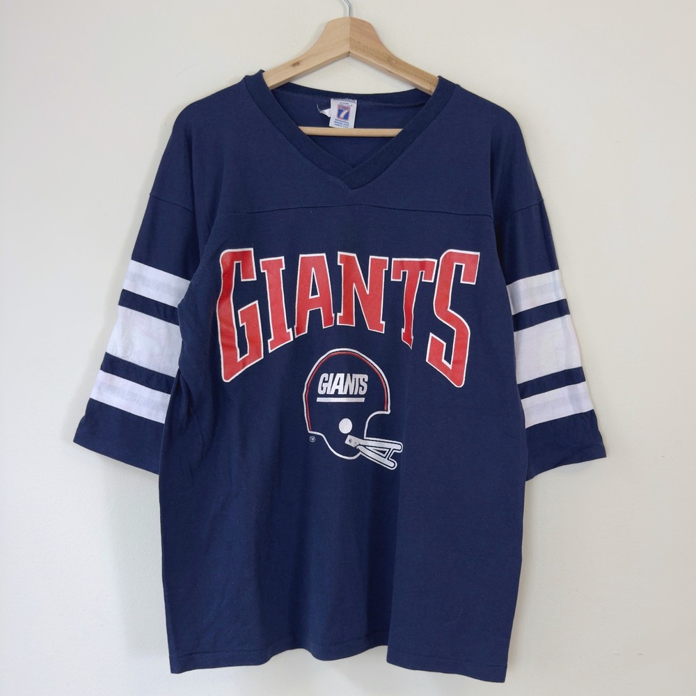 Vintage 90's Logo 7 New York Giants Single Stitch Navy Blue Tee Shirt - Large